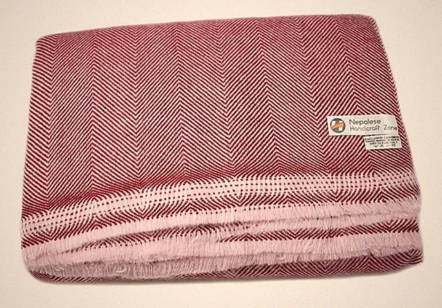 100% Cashmere Throw/ Maroon Herringbone 54"x108" -Nepalese Handicraft Zone
