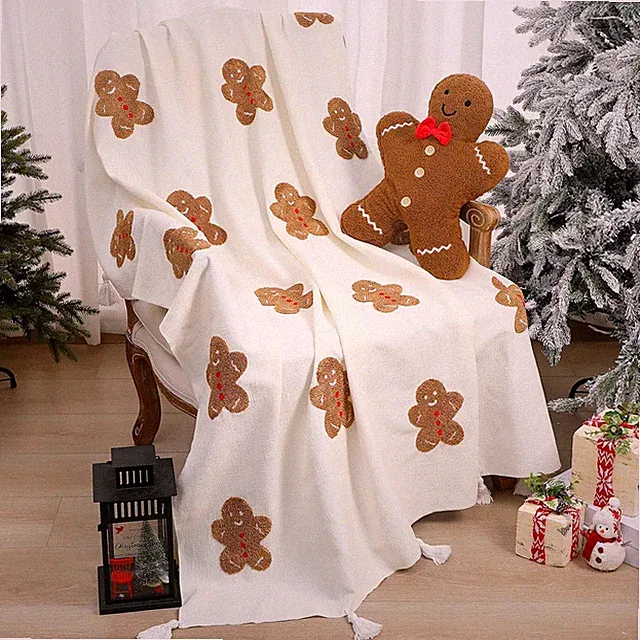 2 Pcs 3D Christmas Gingerbread Man Throw Blanket and Pillow Set 50 X 60'' Tufted
