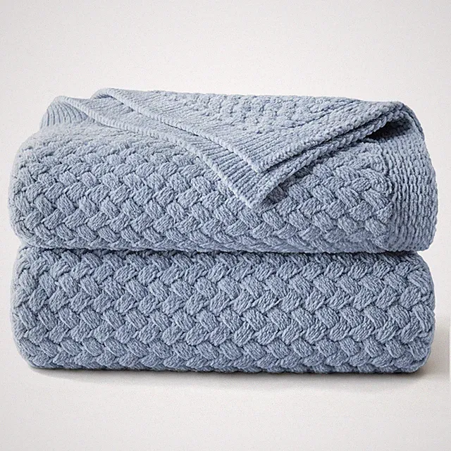 60x80 Inch Grey Blue Chunky Knit Throw Blanket Couch Bed Cozy Reversible Soft