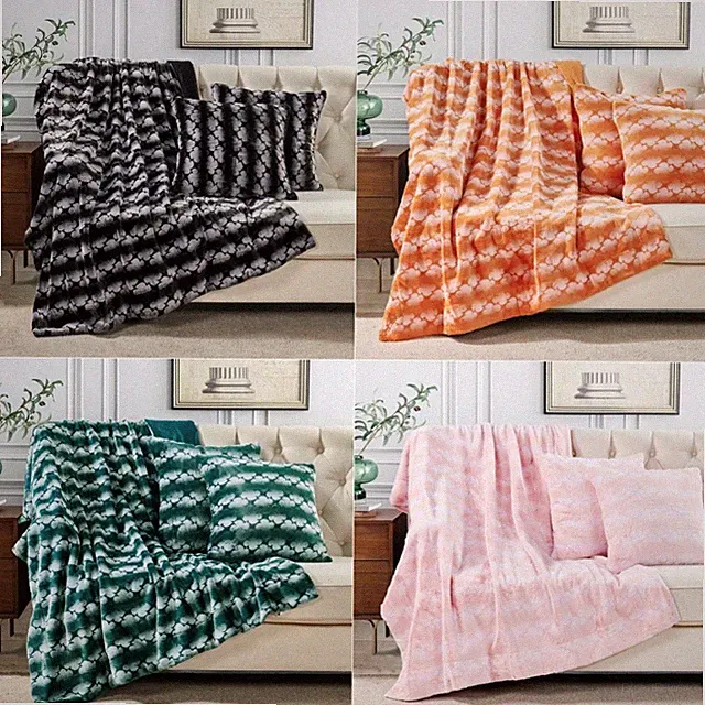 Ballys Faux Fur Throw Blanket and 2 Pillow Covers for Couch Soft Plush Geometric