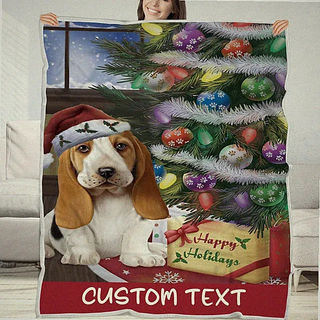 Basset Hound Dog Blanket Personalized Throw Woven Fleece Sherpa Christmas NWT