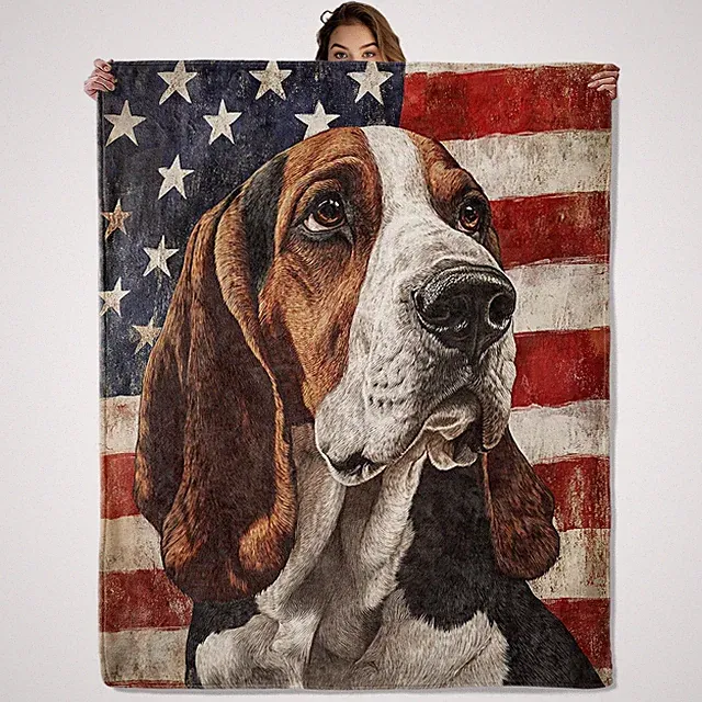 Basset Hound Patriotic Blanket 50x60 Inch Flannel Throw Travel Camping Sofa
