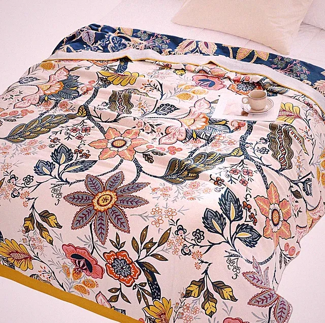 Boho Floral Cotton Muslin Blanket Throw for Bed Couch Sofa 80x90 Inches