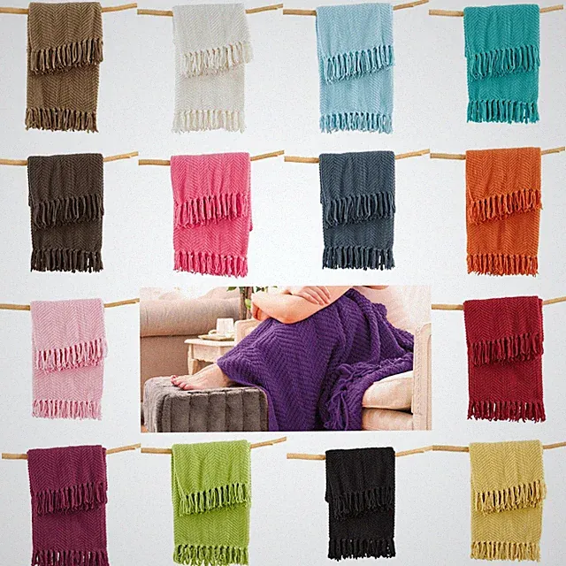 Boho Knitted Throw Blanket – Tweed Texture, Tassels, Lightweight Couch Bed Decor