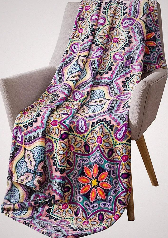Boho Velvet Fleece Throw Blanket: Soft Plush Bright Decorative Paisley NWOP