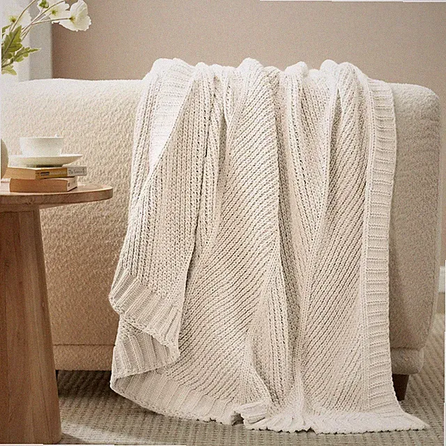 Chenille Chunky Knit Chevron Throw Blanket, 50"x 60", Ivory-Amelie Home