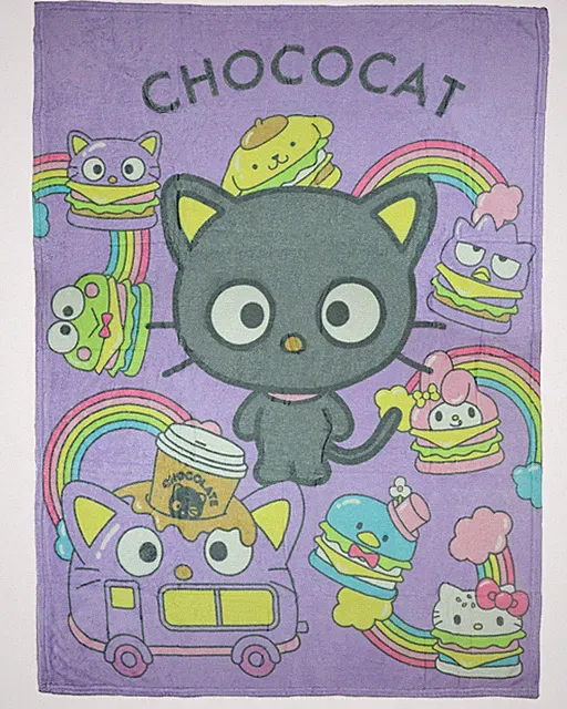 Chococat Blanket Go Choco Rainbow and Friends Plush Fleece Throw 46" X 60"