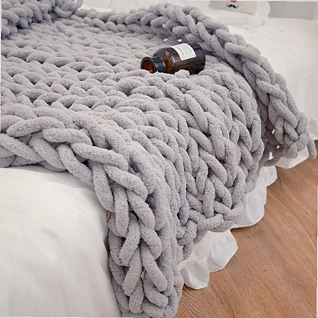 Chunky Knit Blanket Throw 40"×40", Hand Knitted Warm Chenille Throw Blanket,...