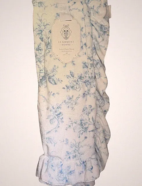 Clairmont House Floral Ruffled Velvet Plush Throw Blanket Blue Ruffle NO HANGER