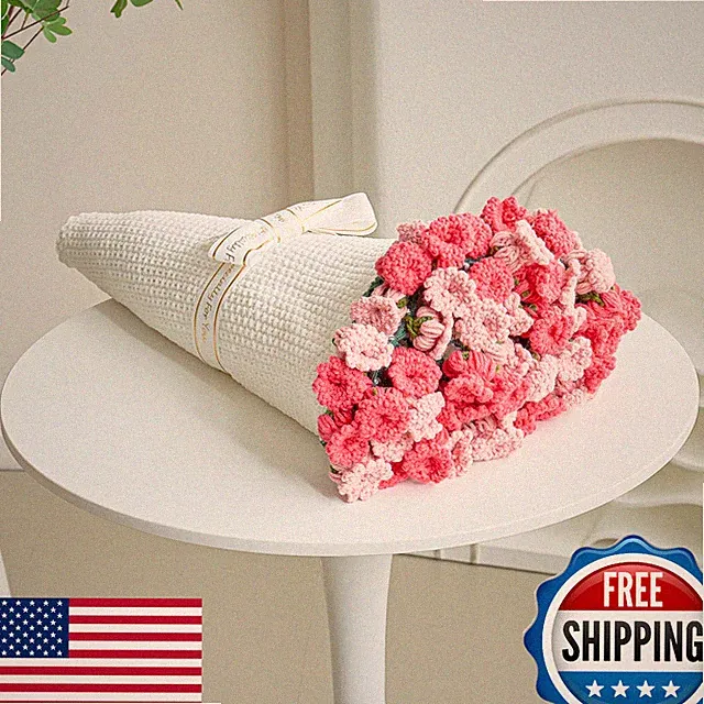 Crochet Flower Bouquet Throw Blanket, Handmade Knitted, 60" Pink Floral