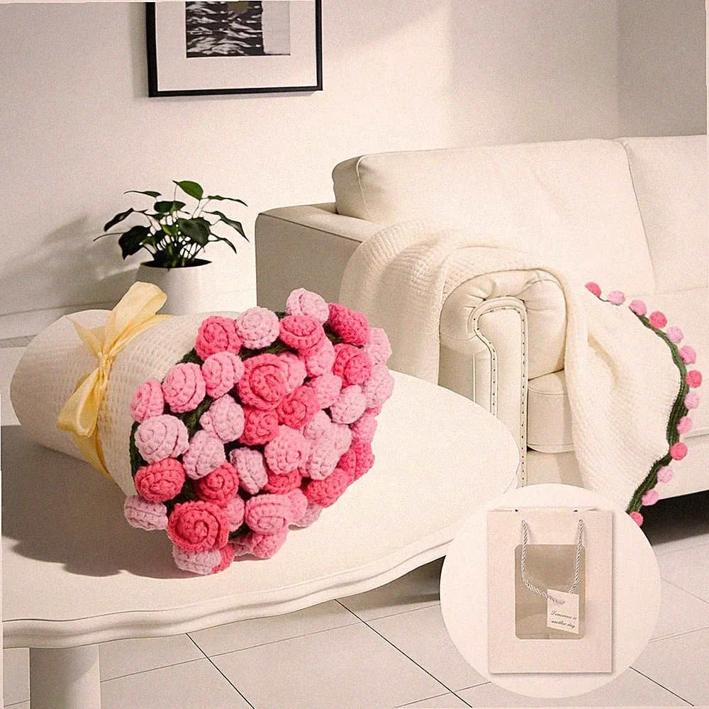 Crochet Flower Bouquet Throw Blanket, Handmade Knitted Blanket with Rose Flow...