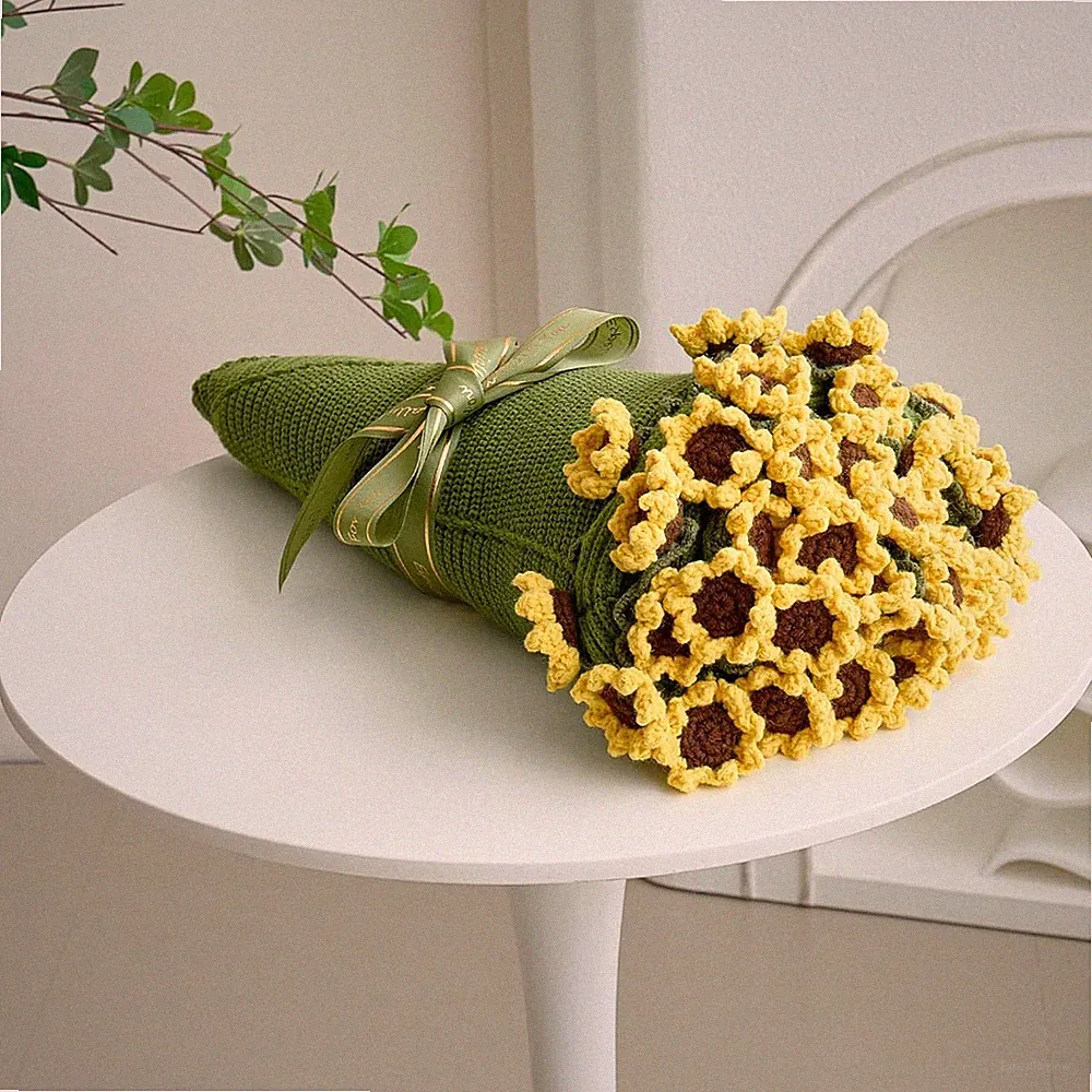 Crochet Flower Bouquet Throw Blanket, Handmade Knitted Blanket with Sunflower, C