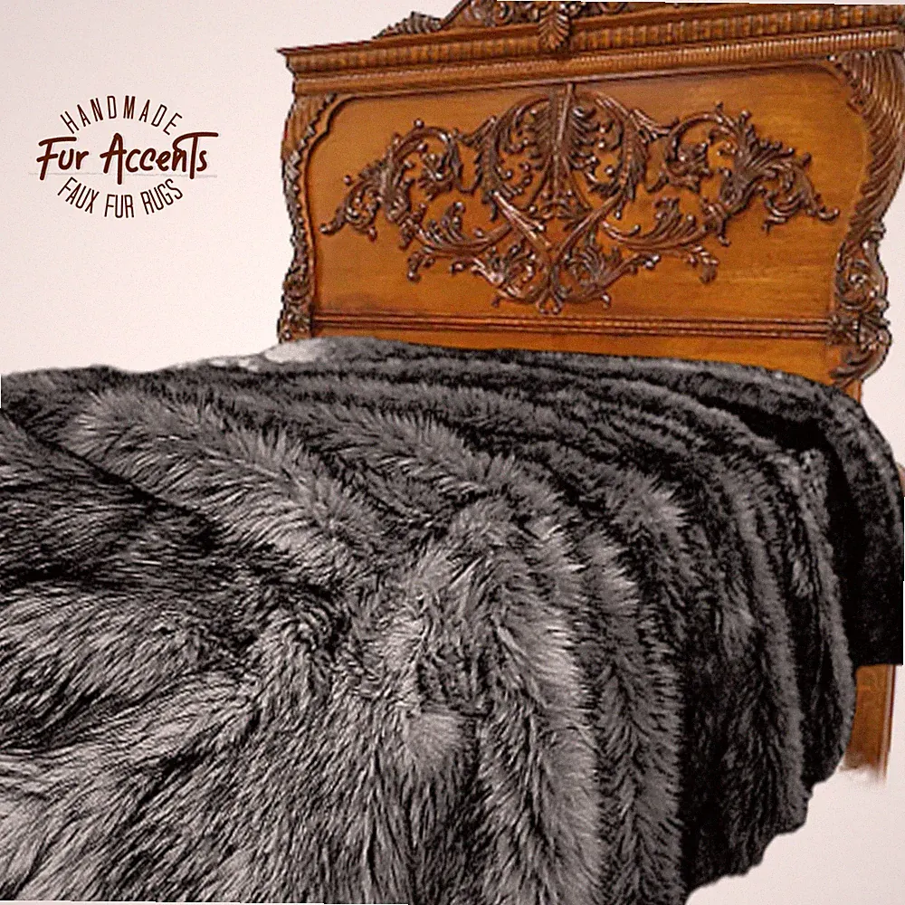 Faux Fur Bedspread Throw Blanket, Gray Tip Wolf Fur, Minky Lining Handmade USA