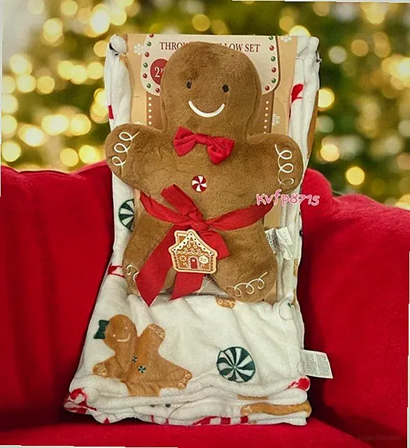Gingerbread Man Pillow & Throw Blanket “50x60” Shabby Chic Christmas Traditional