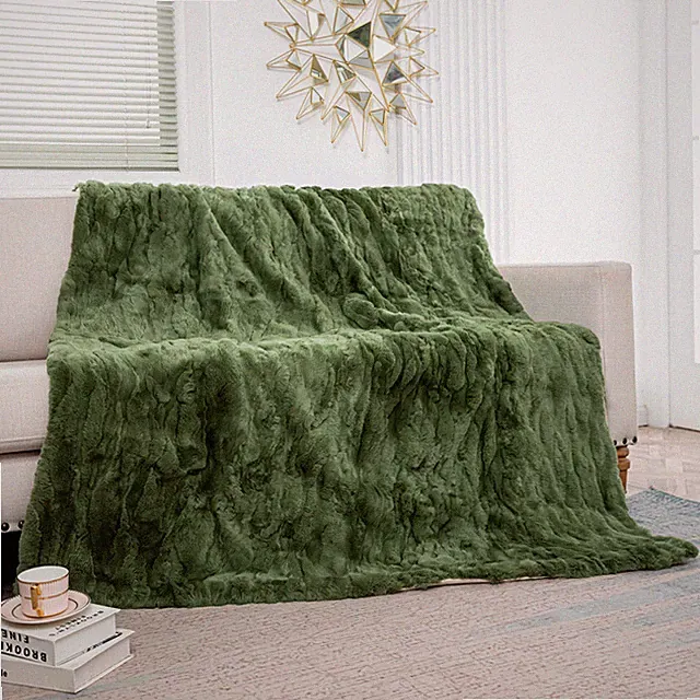Green Real Rex Rabbit Fur Luxury Throw Blanket Leather Skin Rugs Queen 79''x55''