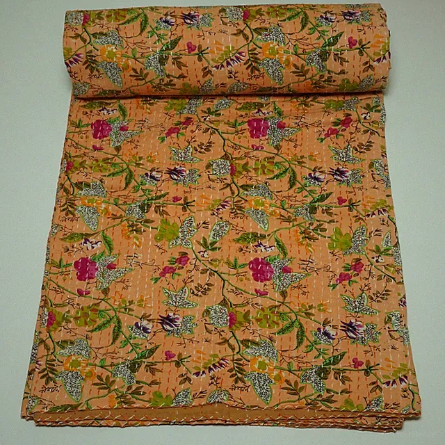Handmade Kantha Quilt Orange Floral Cotton Bedspread Boho Throw Blanket