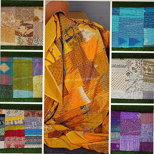 Handmade Silk Patchwork Quilt Indian kantha quilt bed cover boho throw blanket