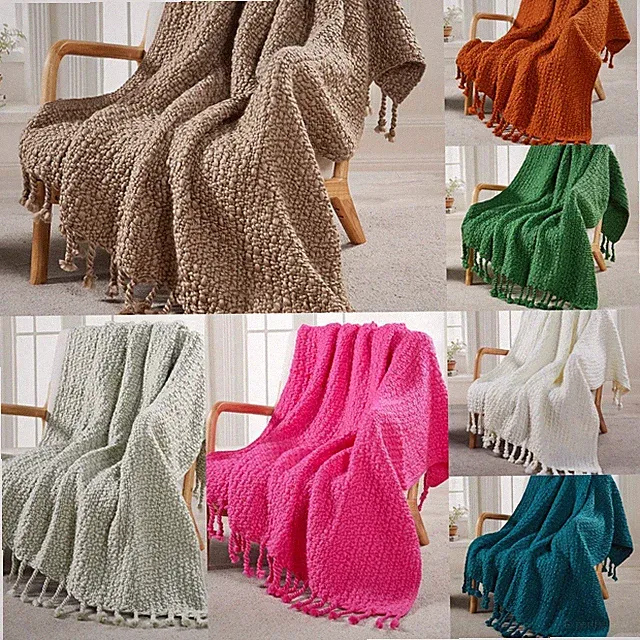 HST Chunky Knit Throw Blanket Basket Weave Boho Tassel Soft Cozy Couch Bed Sofa