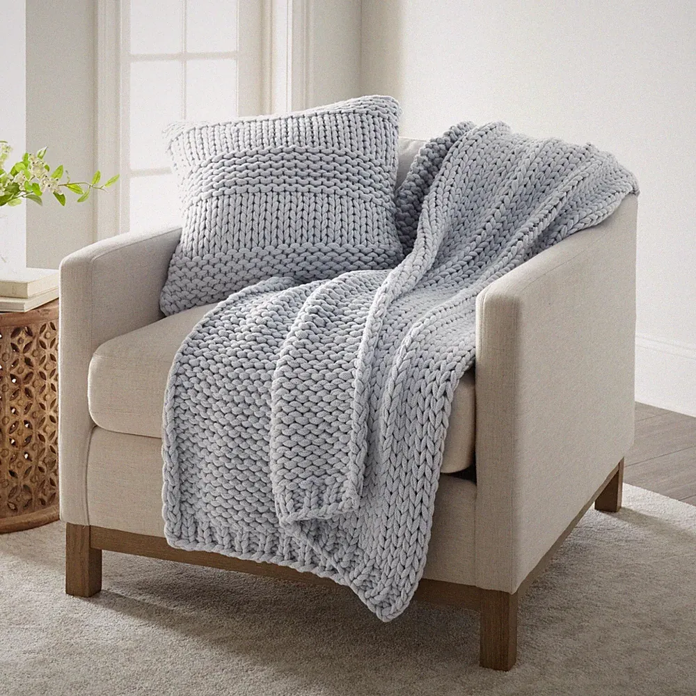 Kaycie Gray Chunky Throw Blanket and Decor Pillow Bundle