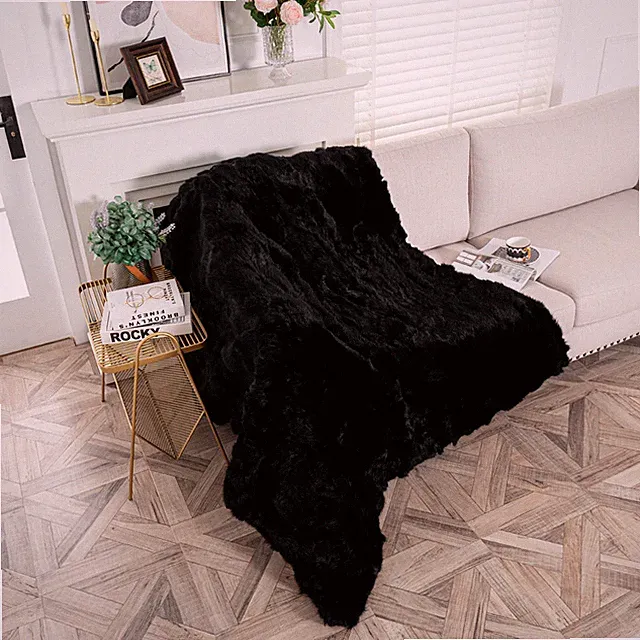 King/Queen Size Luxury Soft Rabbitf hide Fur Throw Blankets Warm Sofa Bedspread