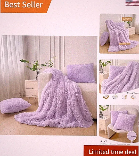 Lavender 3-Piece Faux Fur Throw Blanket Set with Pillow Covers for Cozy Elegance