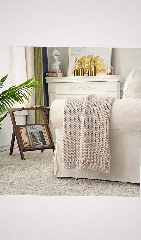Longhui bedding Chunky 100% Cotton Knit Throw Blanket Lightweight Ivory 60"X80"