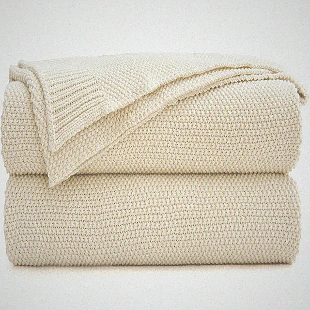 Longhui bedding Cotton Cable Knit Throw Blanket for Couch Sofa 50"x60", Cream