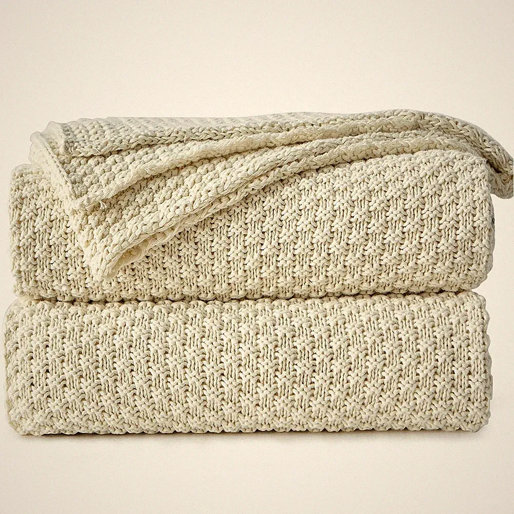 Longhui bedding Cream Knitted Throw Blanket for Couch, Soft, Cozy Machine Washab