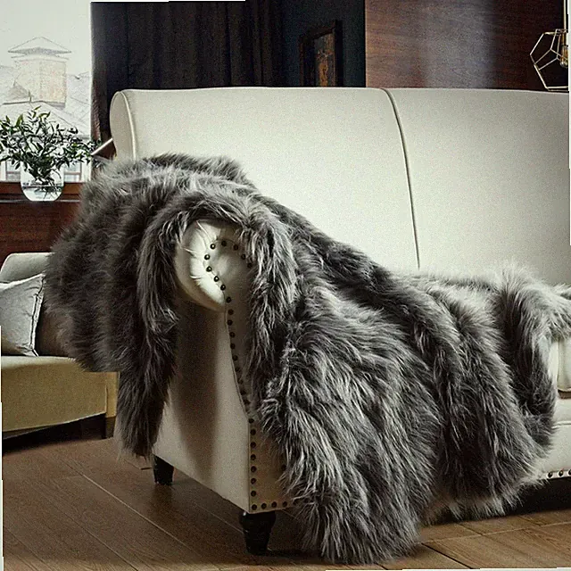 Luxury Faux Fur Throw Blanket, Grey and Black High Pile Mixed Throw Blanket,...