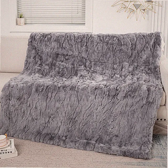 Luxury Real Rex Rabbit Fur Throw Blanket Warm Sofa Bedspread Dyed Gray 79inx55in