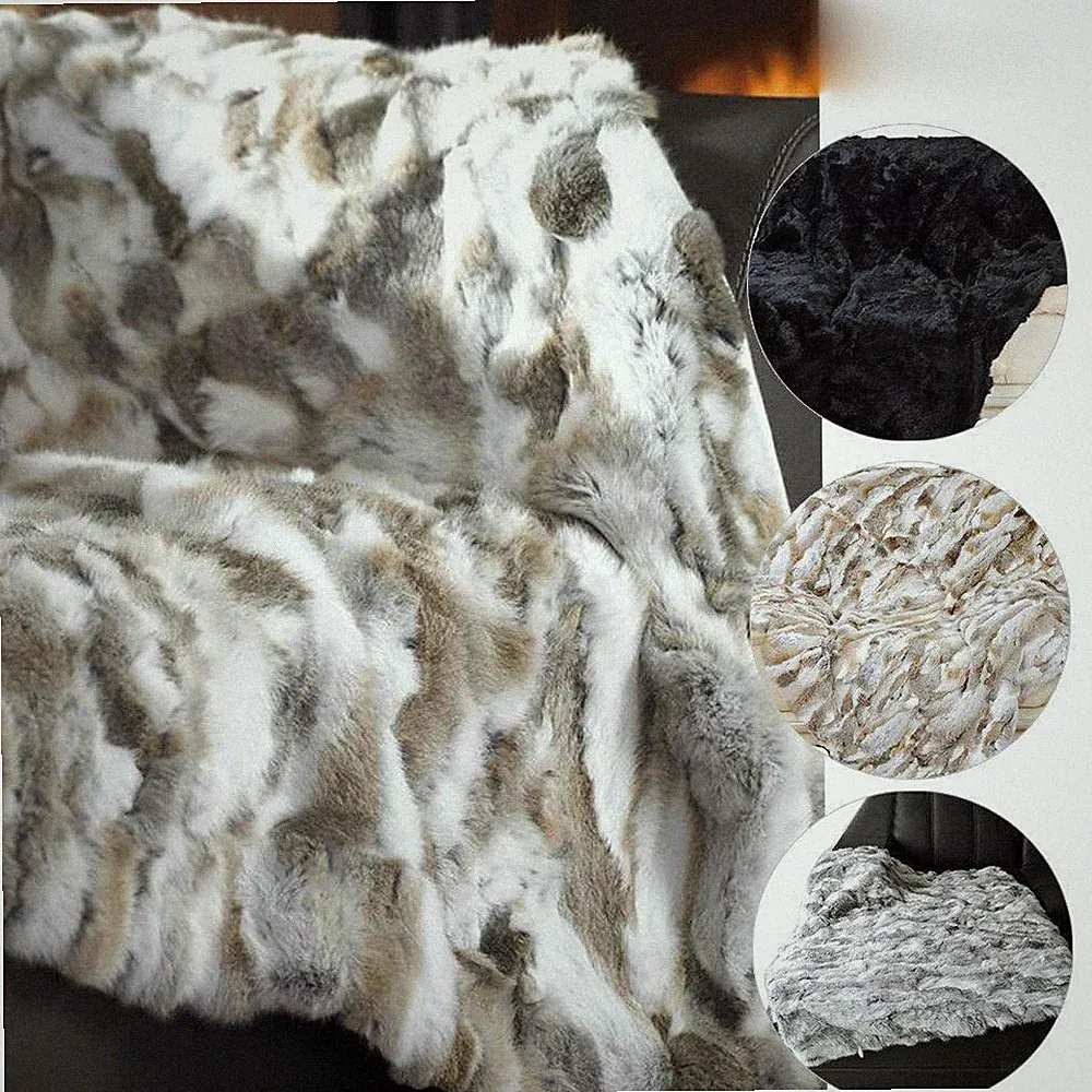 Natural Luxury Rabbitd Hide Fur Warm Throw Bedspread Blanket Carpet King Queen