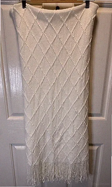NEW Knit Throw Blanket Soft Acrylic 56”x64” plus fringe Ivory NWOT