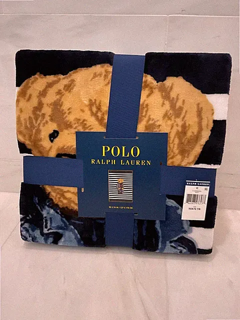 NWT POLO Ralph Lauren Navy White STRIPED RL DENIM BEAR 50” X 70” Fleece Blanket