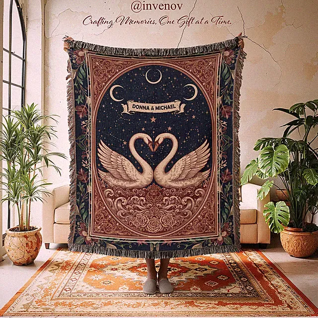 Personalized Swan Woven Blanket, Custom Couple Name Throw, Romantic Tapestry