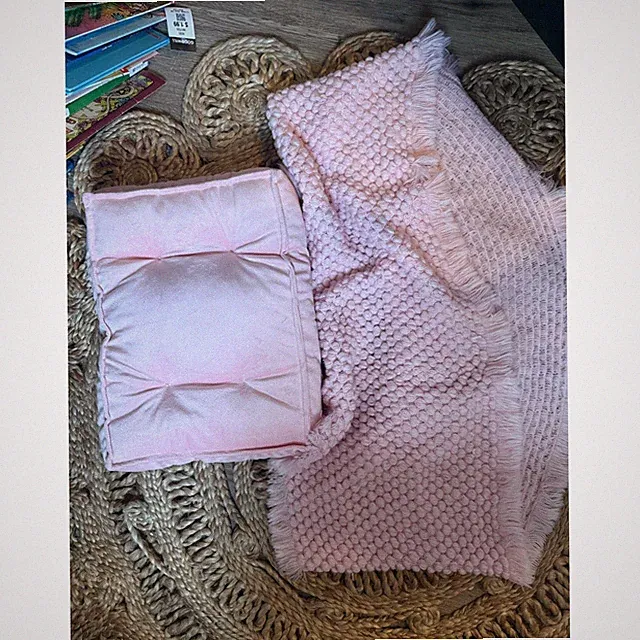 Pink Textured Knit Throw Blanket and Tufted Accent Pillow Set Fringe Trim Cozy