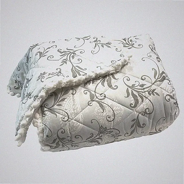 Pom-Pom Throw Blanket and Pillow Set Blue Silver Grey Scroll