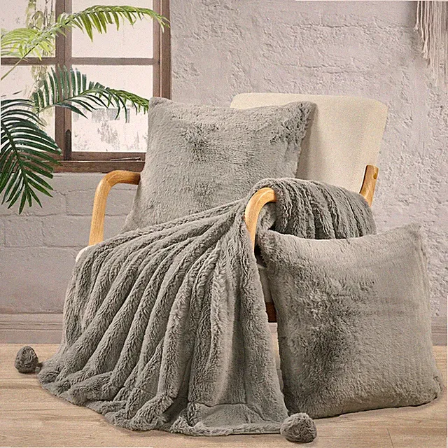 Pompom Faux Fur Throw Blanket 50'x60'' and 2 Pillow Cover (20''x20'') Plush Soft
