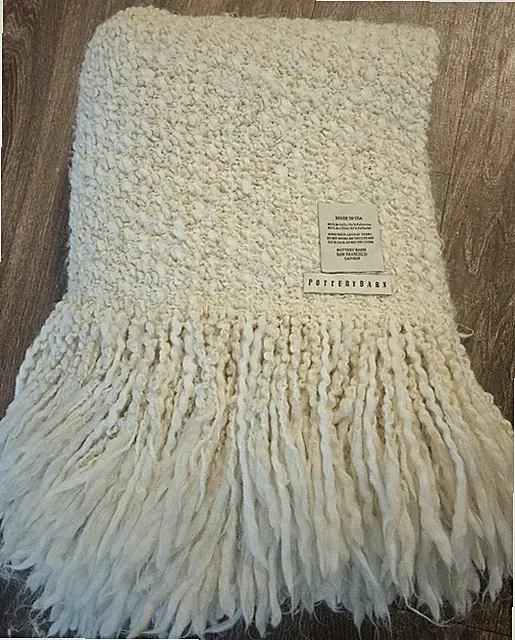 Pottery Barn Chunky Knit Fringed Throw Blanket Cream & Tan 42 X 56 Made in USA