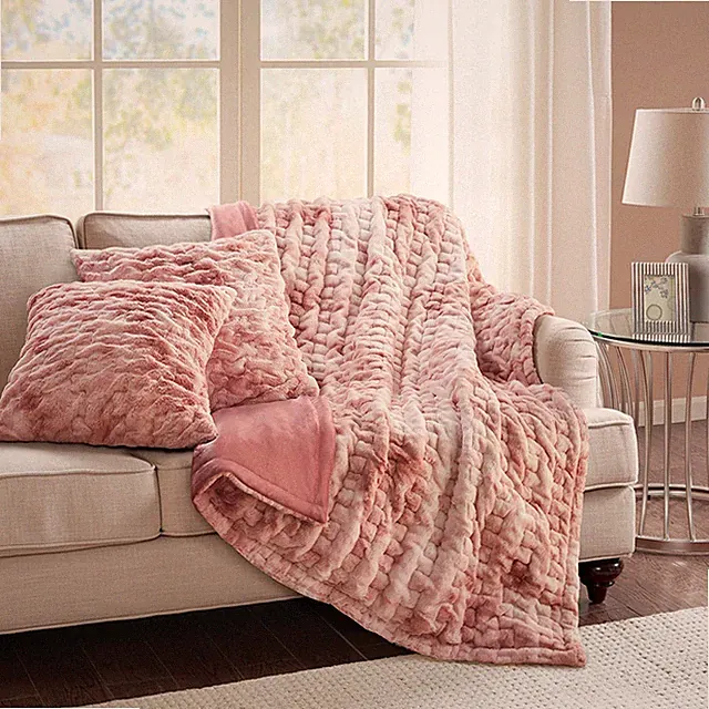 Ruched Faux Fur Plush Throw Blanket and Pillow Set with 2 Matching Square Pil...
