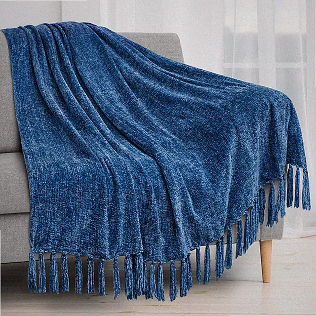 Soft Chenille Knitted Throw Blanket Decorative Fringe for Bed Sofa Couch Chair