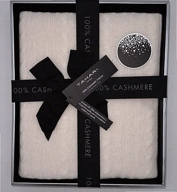 Tahari Pure Cashmere Throw Blanket Cable Knit Ivory Off White; NIB