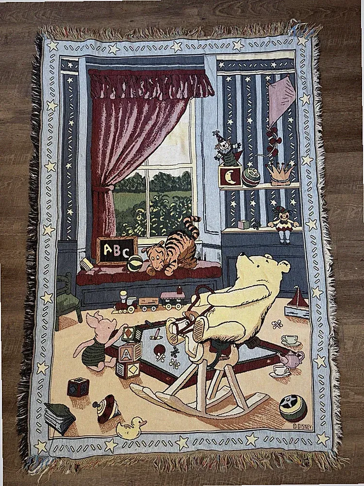 Vintage Classic Disney Winnie The Pooh Tapestry Throw Blanket Fringe 45x67 Woven